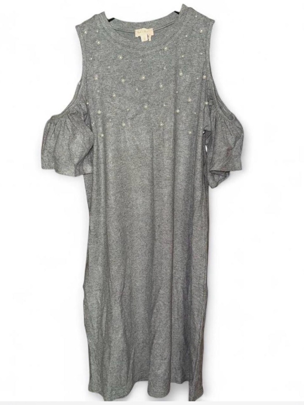 New with Tags Hem & Thread Cold-Shoulder Pearl Detail Midi Dress - Gray
